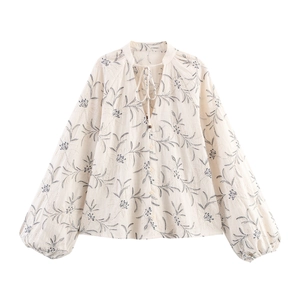 Women Floral Embroidery Blouse Faux Linen V Neck Tie Front Lantern Sleeve Loose Retro Boho Casual Ladies Shirt Top