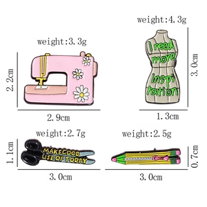 Detailed size specifications for pink sewing machine and mannequin enamel pins