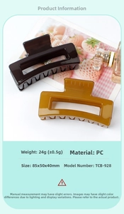 Detailed view showing PC material texture and 85x50x40mm dimensions of the square hair claw