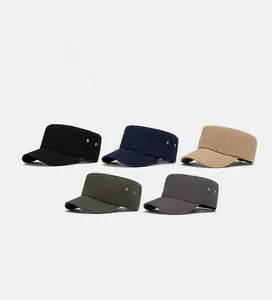 Group display of five solid cotton military caps in black navy khaki and army green colors
