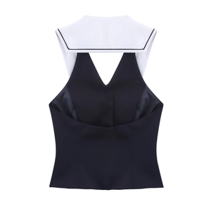 Detail of black halter top with white sailor collar and contrast stripe trim detail