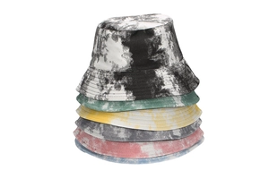 Collection of tie-dye bucket hats in six colors stacked vertically on white background