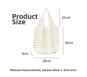 Size chart for the white puff tote bag showing dimensions 30x39x8cm and strap drop height