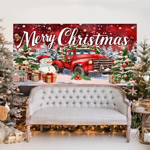 Christmas backdrop with red vintage truck and snowman for festive party decoration