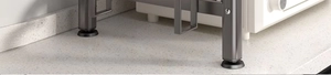 Detail of adjustable non-slip feet and thick metal support legs on a microwave rack