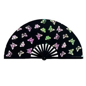 Black bamboo folding fan featuring vibrant rainbow reflective butterfly patterns