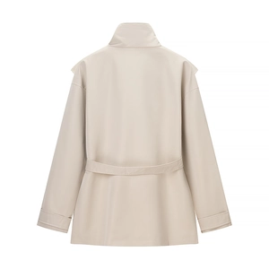 Rear view of beige stand-collar trench coat with long sleeves and adjustable belt detail