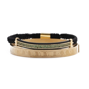 Roman Numeral Bangle And Woven Bracelet Stainless Steel Copper Green Zircon Curved Bar Adjustable Jewelry For Men