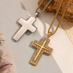18K gold plated stainless steel cross necklace set with sparkling crystal accents