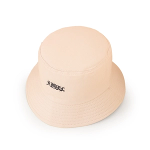 Detailed close-up of beige cotton bucket hat featuring black gothic Angel embroidery