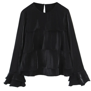Elegant Women Black Layered Ruffle Tiered Blouse Round Neck Long Sleeve Satin Finish Solid Color Loose Fashion Top Shirts