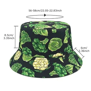 Unisex vegetable print bucket hat size chart with dimensions on a white background