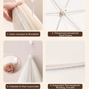 Foldable white mesh food cover with sturdy steel frame and wall-hanging storage feature