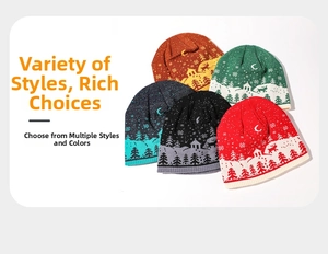 Detail of five colorful winter knit beanies with festive Christmas deer and pine patterns