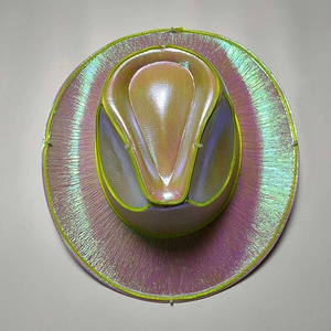 Detail view of the holographic surface and neon LED fiber optic edge on the cowboy hat