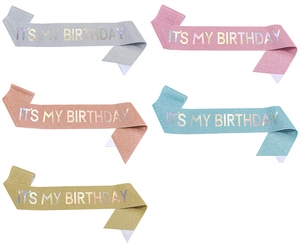 Detailed set of five glitter birthday sashes in silver, pink, rose gold, blue, and gold
