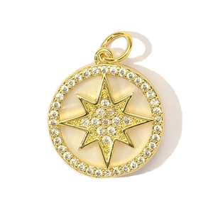 Star pattern necklace pendant with zircon pavé and mother-of-pearl center in gold