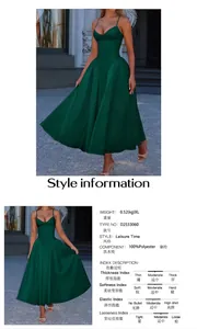 Detail specifications of dark green sleeveless long dress including weight and polyester fabric