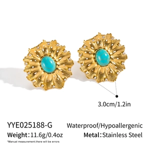 Detail of flower earrings with turquoise center and rhinestones on stainless steel