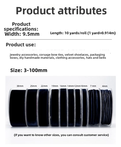 Detailed comparison showing 10 different widths of black velvet ribbon for DIY crafts