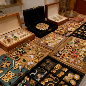 Vintage Baroque jewelry collection featuring gold-toned earrings and rings with pearls