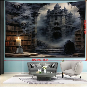 Gothic Halloween wall tapestry with dark castle and demon motifs for dorm decor 300x180cm