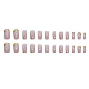Pink marble press-on nails with elegant gold glitter tips in medium square shape