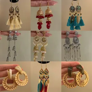 Bohemian Ethnic Tassel Earrings With Alloy Beads Feather Rattan Vintage Dangle Drop For Women