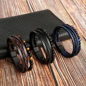 Men Multi-layer Bracelet Braided Leather Natural Tiger Eye Stone Beads Alloy Magnetic Clasp Retro Fashion Jewelry