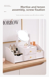 Detail view of the cat-ear mirror and white drawer structure with screw fastening