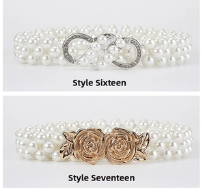 Detailed view of elastic pearl belts with silver infinity and golden rose buckles