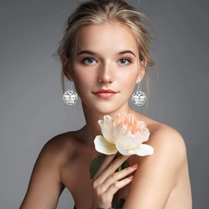 Silver disco ball mirror earrings worn by a model, stylish Y2K party jewelry aesthetic