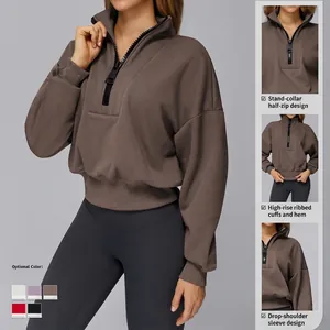 Coffee brown women's quarter-zip sports sweatshirt with stand collar and ribbed cuffs