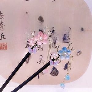 Exquisite Chinese style hairpins with peach blossoms, butterflies and long metal tassels