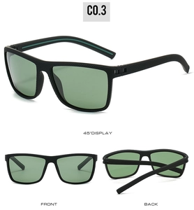 Three-angle display of polarized sports sunglasses with matte black frame and green accents