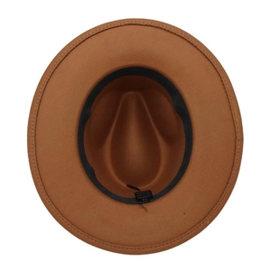 Interior view of brown wool fedora hat showing size 58 label and black sweatband detail