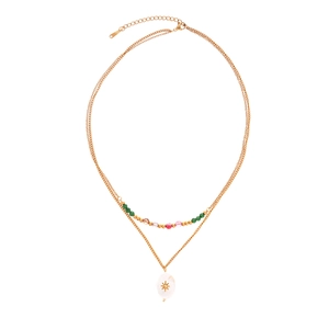 Double-layered gold necklace with colorful beads and white oval starburst pendant