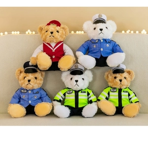 Group of five plush teddy bears wearing realistic police and pilot uniforms on a sofa