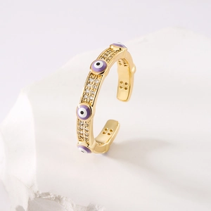 Exquisite 18K gold plated devil eye open ring with purple enamel and zircon accents