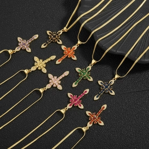 Vintage Cross Pendant Necklace Gold Plated Copper With Colorful Cubic Zirconia Snake Bone Chain Luxury Jewelry For Women