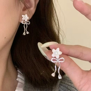 Flower Bow Artificial Pearl Drop Earrings With Silver Earring Post Rhinestone Elegant Zirconia Dangle Luxury Accessories For Women