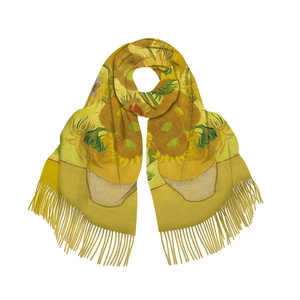 Van Gogh sunflower oil painting style pashmina shawl with fringes for winter warmth