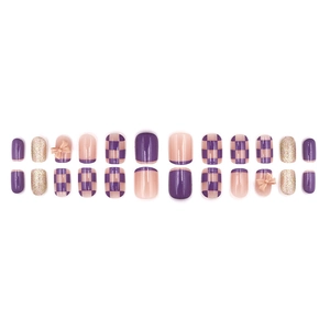 Short round purple and beige press-on nails with bow accents and checkered pattern