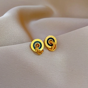 Minimalist titanium steel Roman numeral earrings with gold finish and black enamel inlay