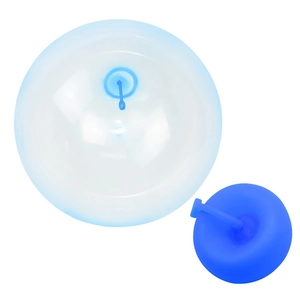 Inflatable transparent bubble ball with blue valves shown in inflated and deflated states