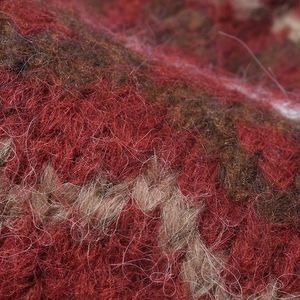 Thick striped winter knit hat featuring fuzzy mohair texture in red and brown tones