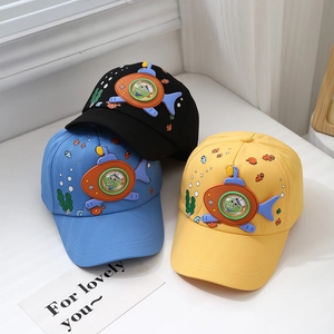 Kids baseball cap with submarine dinosaur cartoon design in black blue and yellow