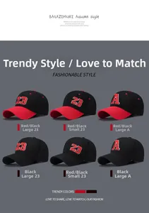 Detail view of cotton embroidered baseball caps featuring number 23 and letter A designs