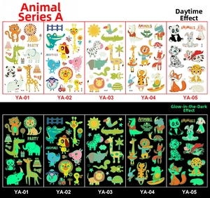 Luminous animal tattoo stickers showing day and night glow effects for kids party