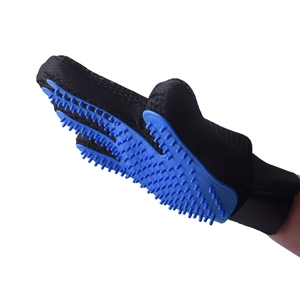 Blue silicone pet grooming glove with 180 nodes for gentle cat and dog massage
